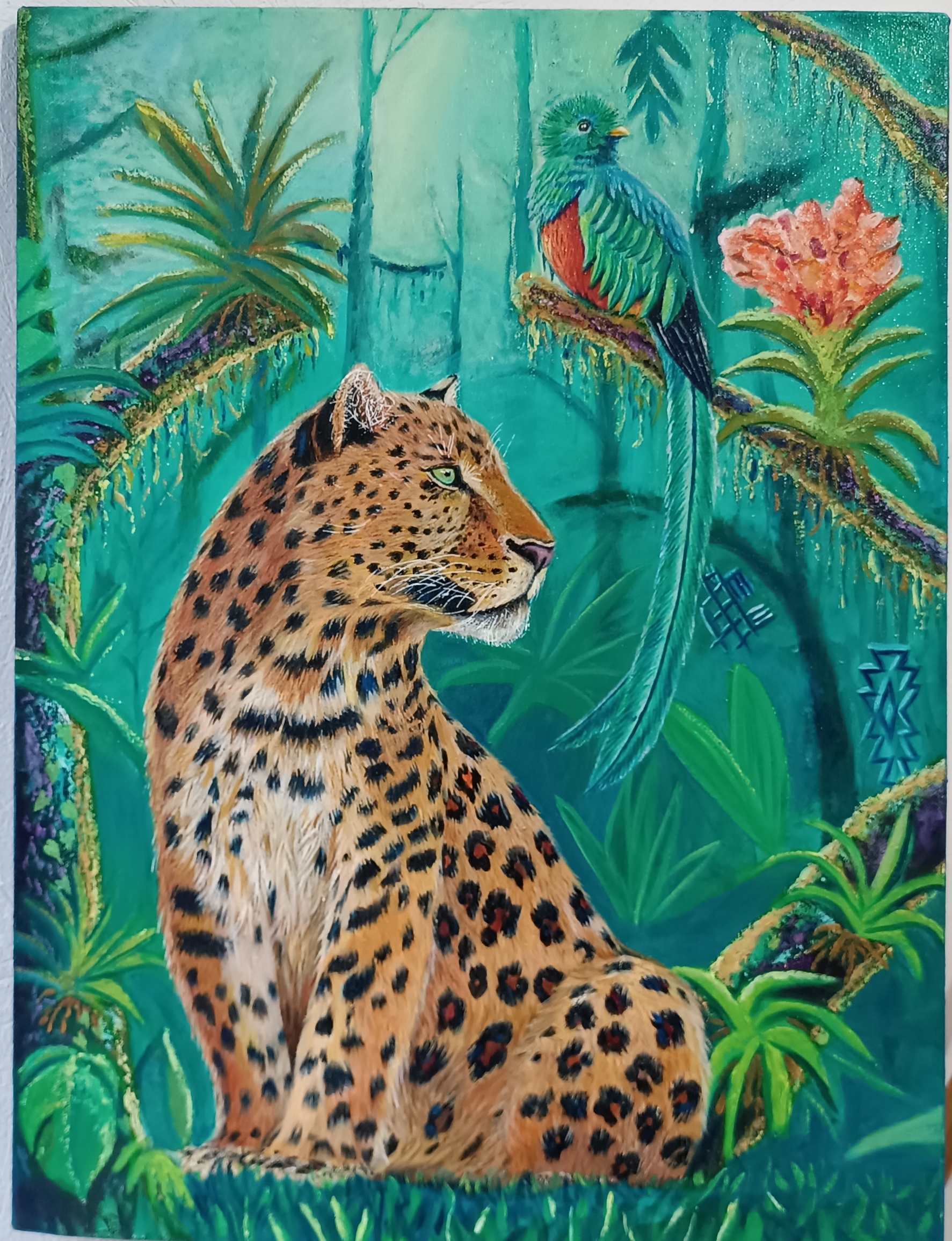 Jaguar, cuadro, decoracion, hand made, decoration, origianl art, arte, oleo sobre lienzo, oil on canvas, nature, Maya, quetzal, flowers, trees, leaves, feline, green Magnolia.